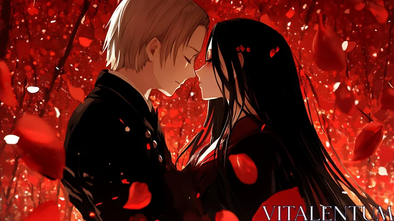 Anime lovers embrace among falling red petals.