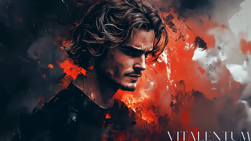 Male side-profile portrait contrasts with abstract fiery backdrop