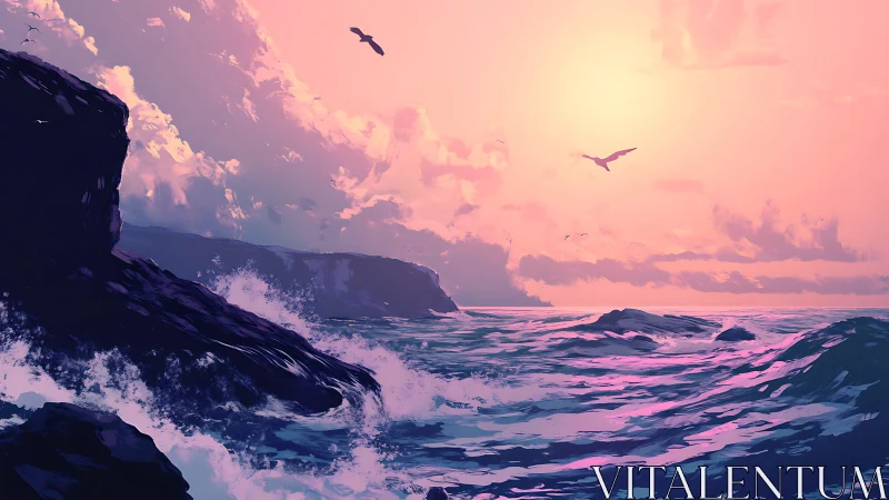 Soft sunset surf rolling beneath pastel painted skies.