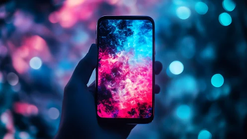 Hand holds smartphone showing neon cloud abstract wallpaper