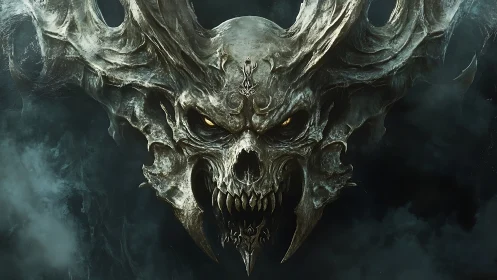 Horned demonic skull with elongated fangs in dark mist.