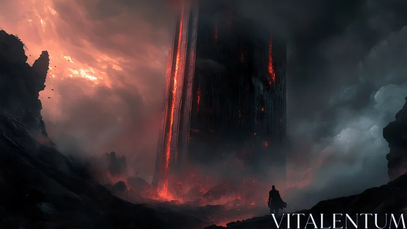 Obsidian monolith amid volcanic wasteland with lone wanderer