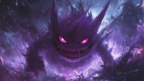 Digital painting of spectral monster in explosive purple void.