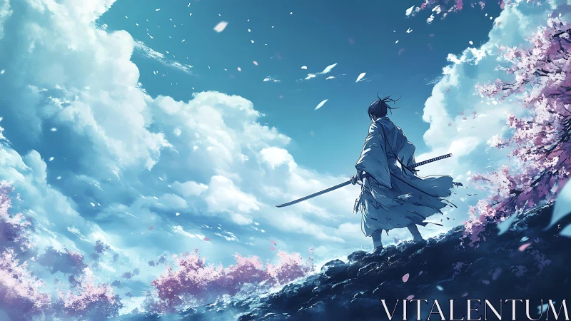 Lone samurai overlooks blooming cherry ridge under skies.