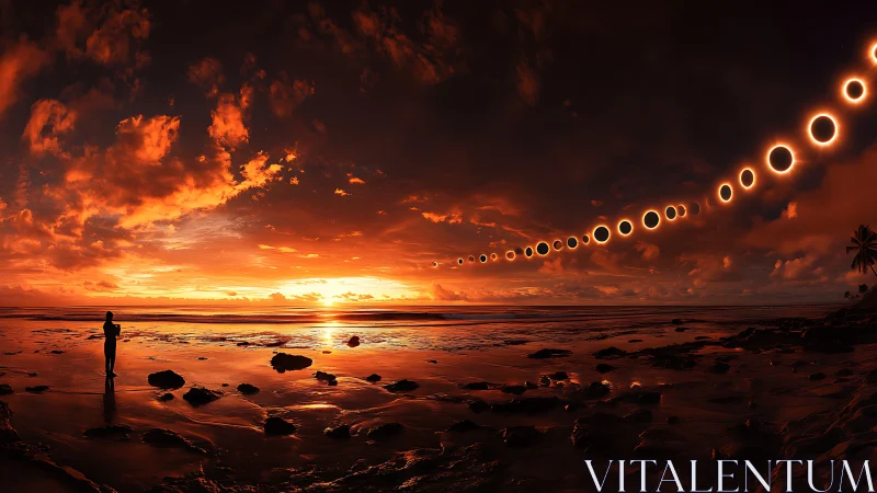 Coastal silhouette under sequential eclipse rings at sunset.