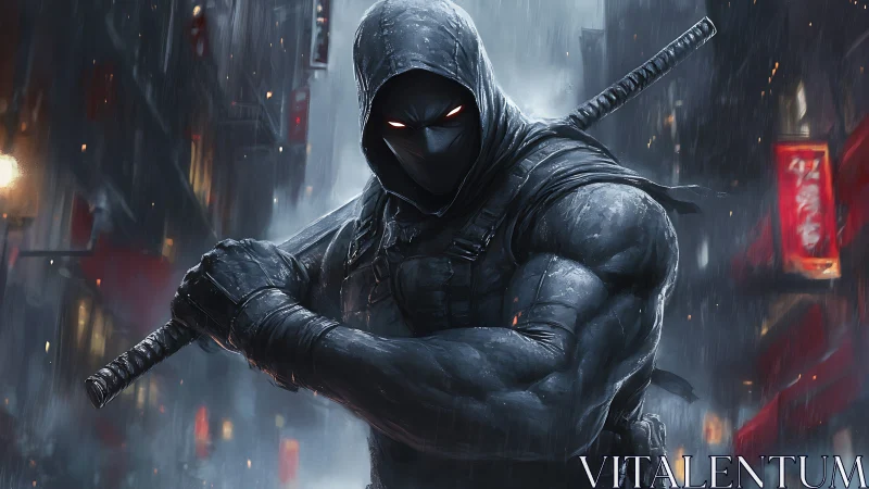 Cyberpunk hooded assassin in neon rain, dynamic mid-shot framing.