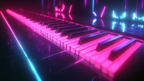Neon piano keys glowing in futuristic synthwave lightscape.