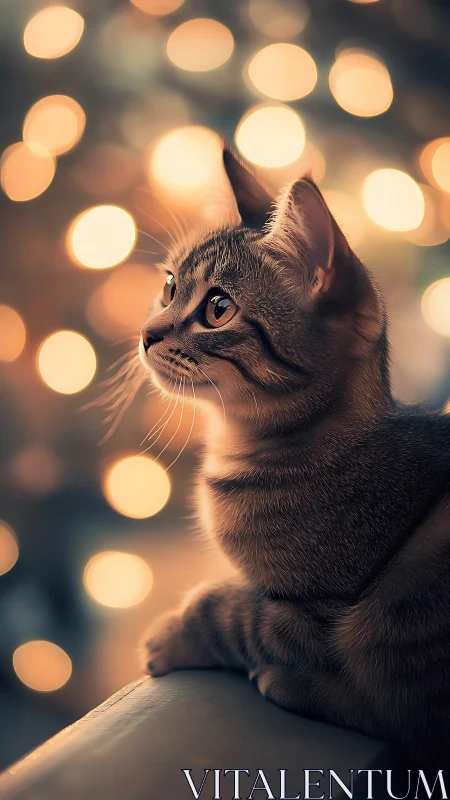 Cat gazes upward amid warm bokeh lights