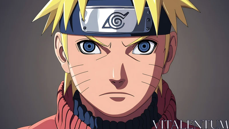 Blond ninja portrait with focused blue-eyed stare