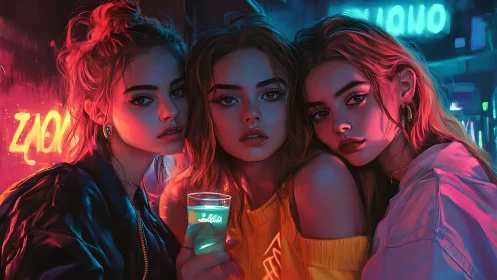 Neon-lit trio rendered in high-saturation cyber-noir portraiture
