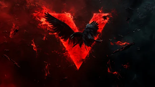 Fiery crimson V sigil with dramatic black raven in flight.