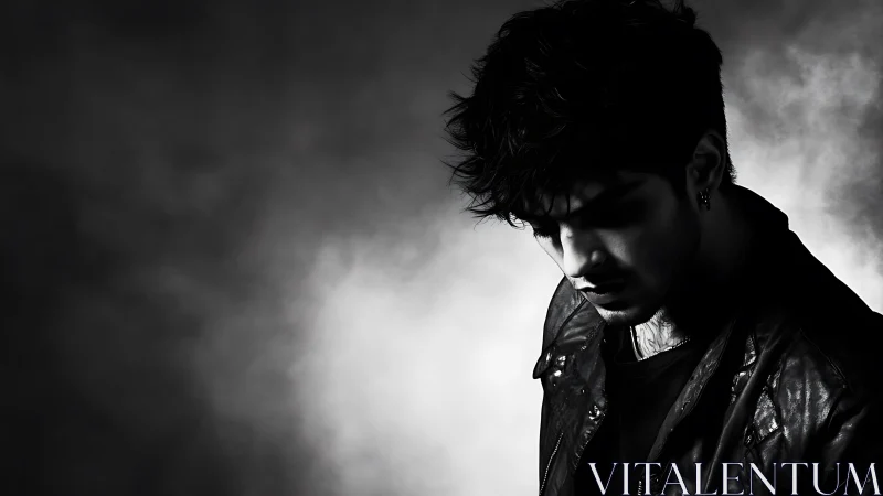 Moody side-lit man in leather jacket against smoky backdrop