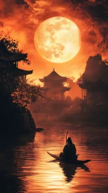 Lone boatman glides beneath a colossal moonlit sky