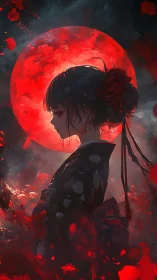 Crimson moonlight crowns a solitary kimono-clad figure.