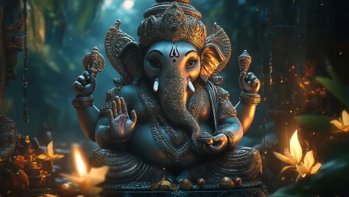 Intricately lit Ganesha statue rendered with cinematic depth and bokeh