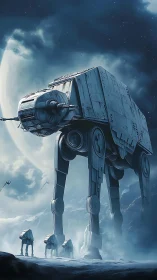 Giant four-legged sci-fi walker advances across icy terrain