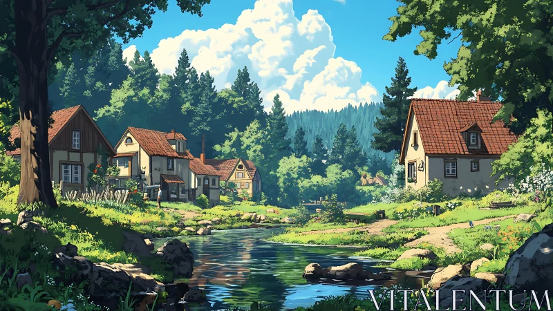 Sunlit rural riverside village rendered in detailed digital painting
