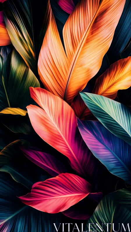 Multicolored tropical foliage against dark contrasting background.