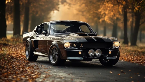 Classic fastback coupe is parked on a leaf-covered forest road