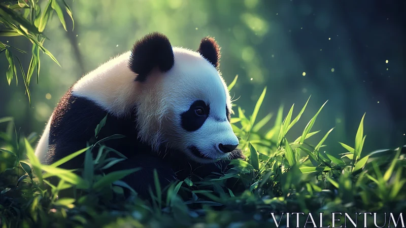 Gentle panda resting in sunlit bamboo, wrapped in calm wonder.