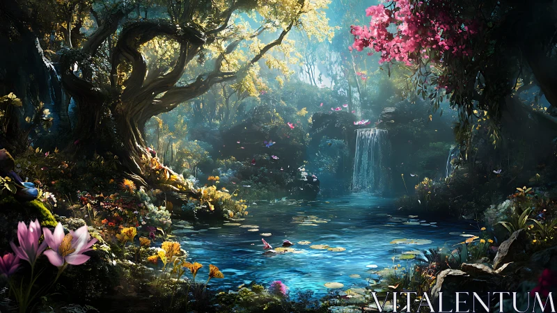 Enchanted waterfall cove where dream-bright lilies whisper.
