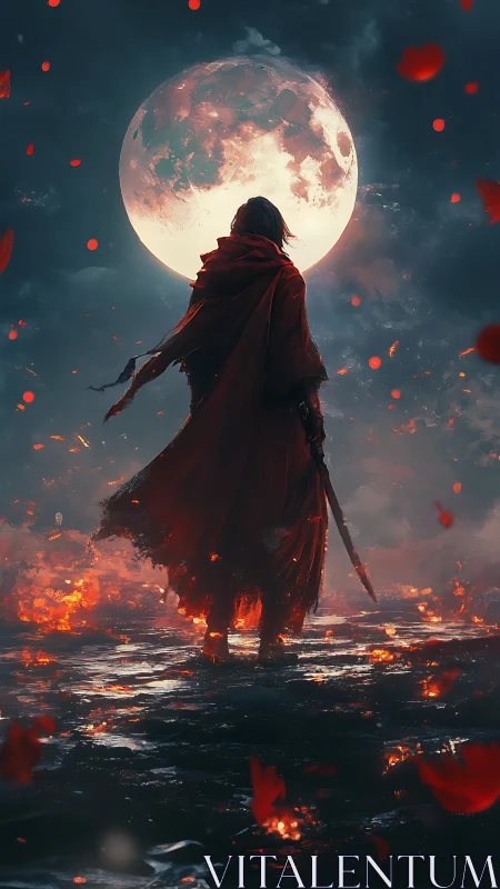 Digital painting of lone swordsman under eclipsed blood moon.