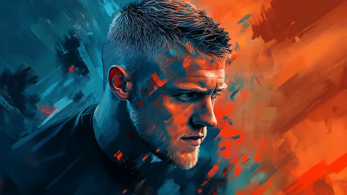 Male portrait splits cool teal and fiery orange tension.
