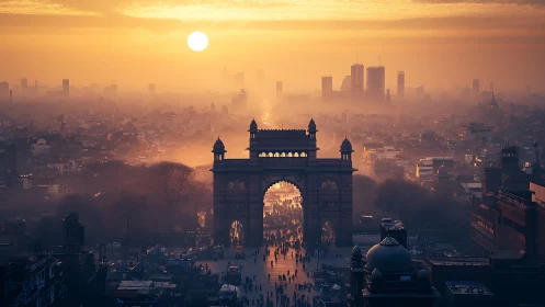 Golden sunset silhouettes historic city gate and skyline.