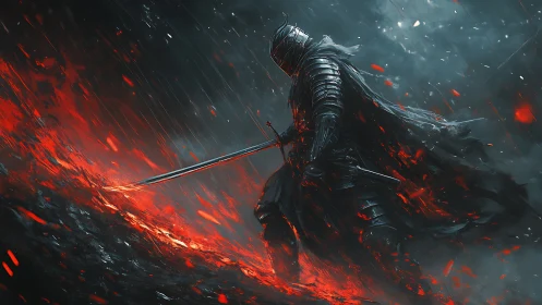 Ashborn knight strides through molten storm of embers.