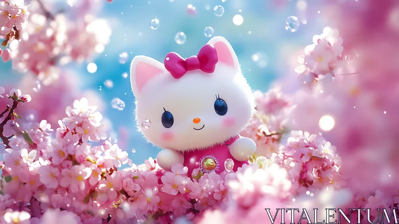 Cute white cartoon cat among pink cherry blossoms.
