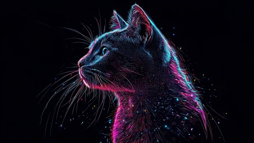 Neon-outlined cat profile in luminous cosmic glow.