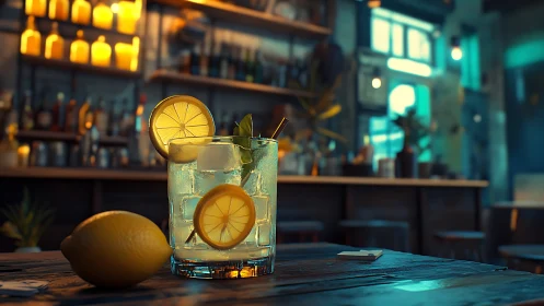 Refreshing citrus cocktail glows under ambient bar lighting