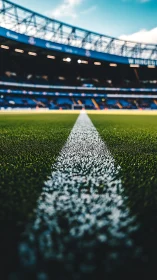 Low angle view of soccer pitch line in large stadium.