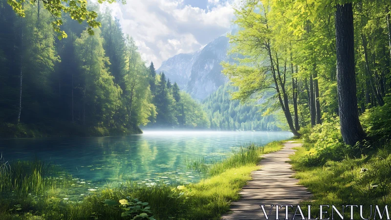 Forest lakeside path curves beside clear water under mountains