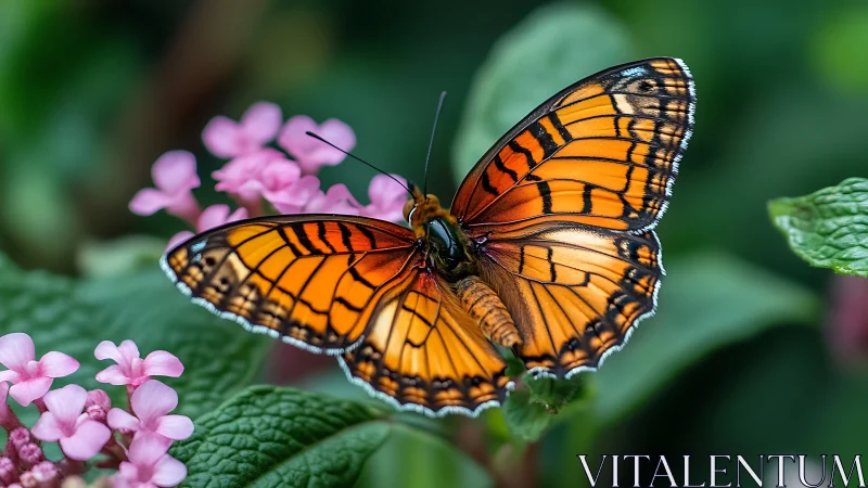 Orange butterfly rests on pink blossoms with crisp detail