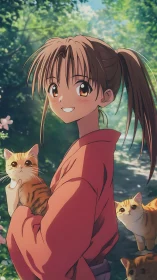 Sunlit anime portrait with tabby kittens and forest bokeh.