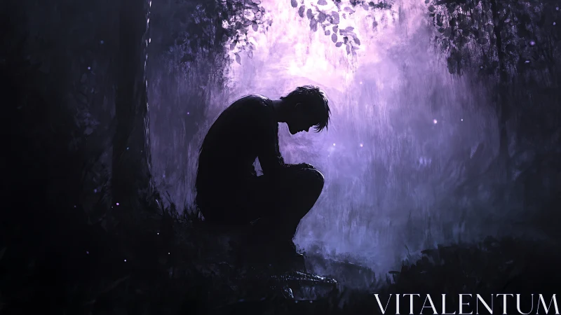 Solitary human silhouette kneels in backlit forest clearing