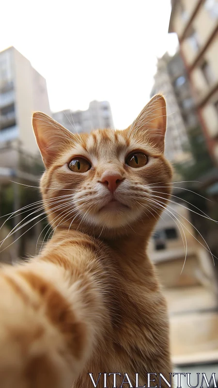 Ginger feline portrait captures direct gaze amid urban rooftop backdrop