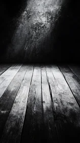 Weathered wood floor under stark spotlight in dark room.