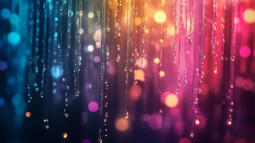 Neon raindrop strings suspended in a dreamy bokeh curtain.