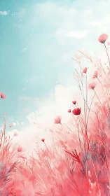 Pink floral field composition against turquoise sky gradient.