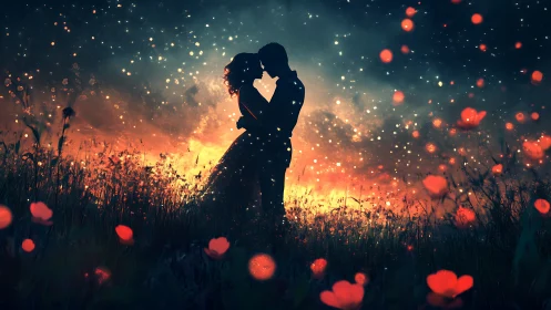 Silhouetted Couple Embracing in Backlit Field with Bokeh Light Particles
