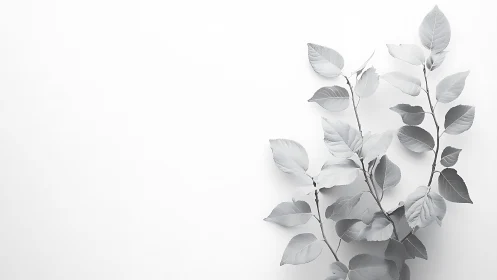 Monochrome leaf branches on white minimal background.