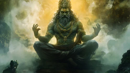 Divine sage in radiant meditation amid swirling mist.