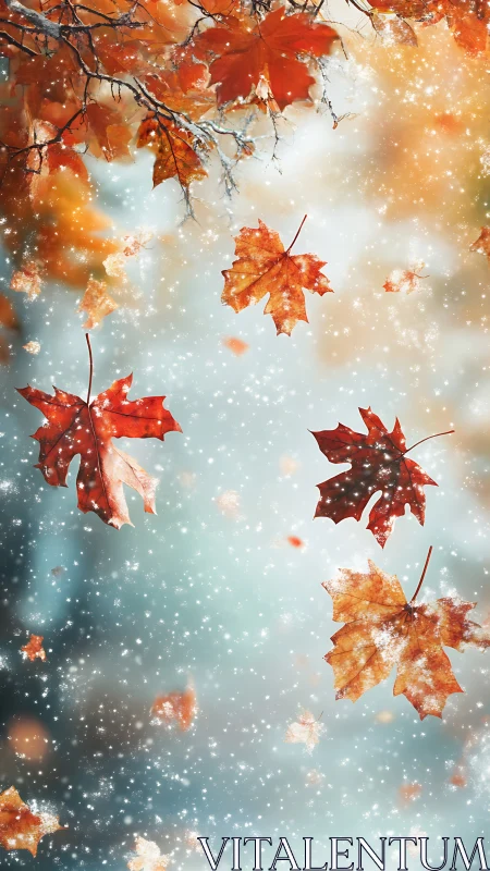 Transitional maple foliage in early snowflake turbulence field.