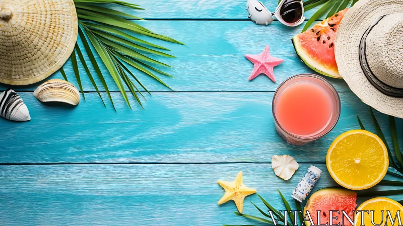 Vibrant summer beach flat lay celebrates tropical relaxation