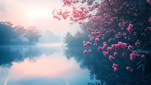 Misty lakeside panorama with luminous pink cherry blossoms.