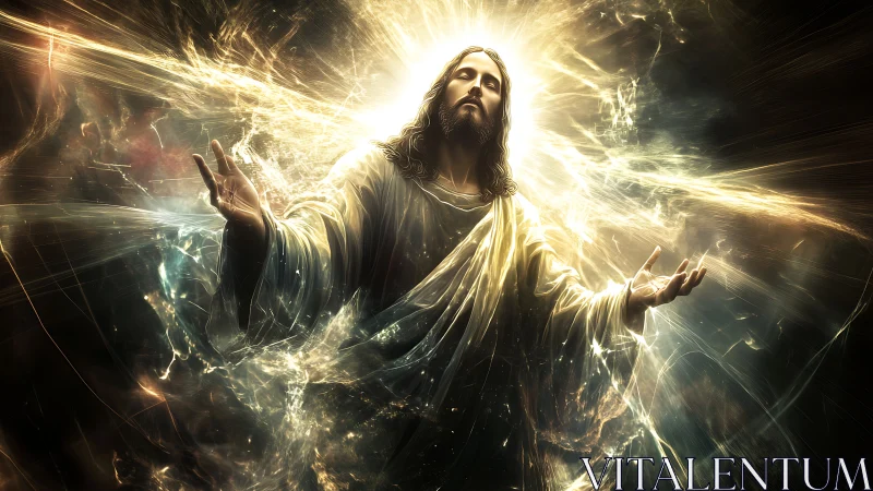 Radiant robed figure stands in swirling divine golden light.