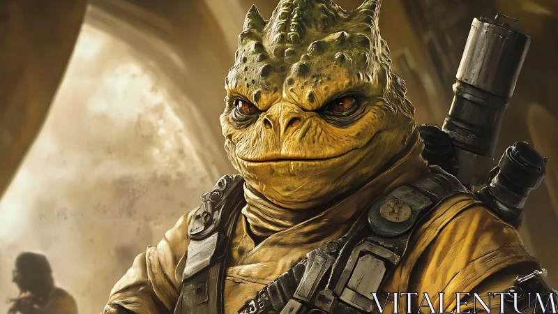 Alien reptilian mercenary stares ahead in worn armor suit.