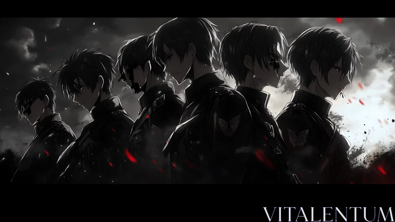 Dark anime squad in uniform under stormy battlefield sky.